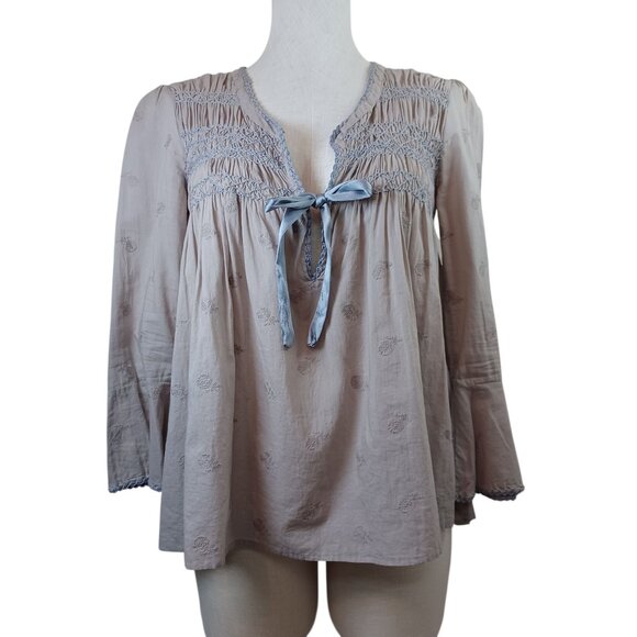 Odd Molly Top Gray Embroidered Boho Peasant Style Cotton Blouse Size Small - Picture 1 of 11